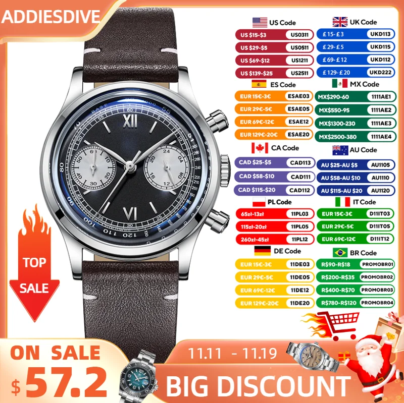 

ADDIESDIVE New Men's Watches Chronograph Bubble Mirror 100m Waterproof 316L Stainless Steel VK64 Quartz Wristwatch 38mm Watch
