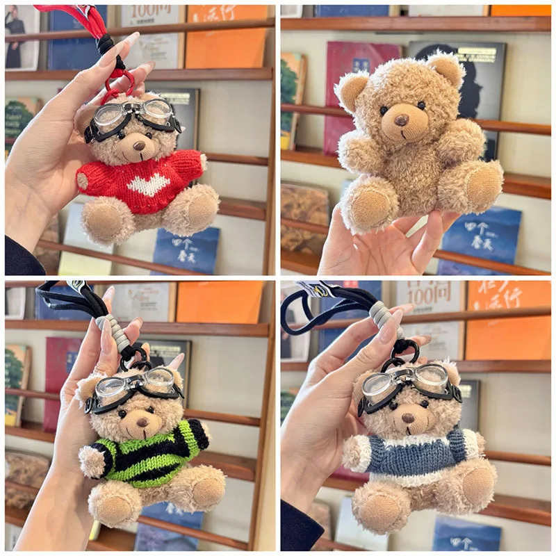 Kawaii Goggles Pilot Bear Keychain Pearl Hanging Rope Plush Bear Key Ring Doll Clothing Heart Stuffed Animal Pendant Daily
