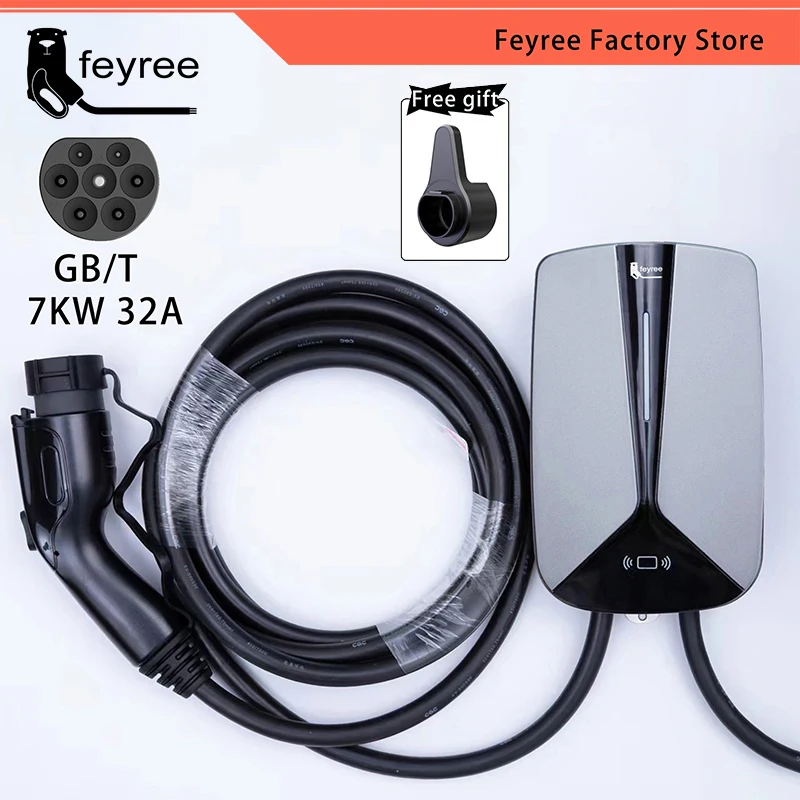 feyree EV Charger GB/T Plug Socket 32A 7.6KW 1Phase EVSE Wallbox Plug and Charge Model 5m Cable for Electric Vehicle Car Charger