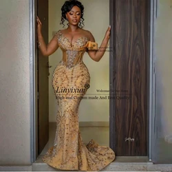 Aso ebi vestido de baile mangas compridas lantejoulas miçangas sereia vestidos de noite luxo ouro personalizado festa de recepção de casamento segundo vestido