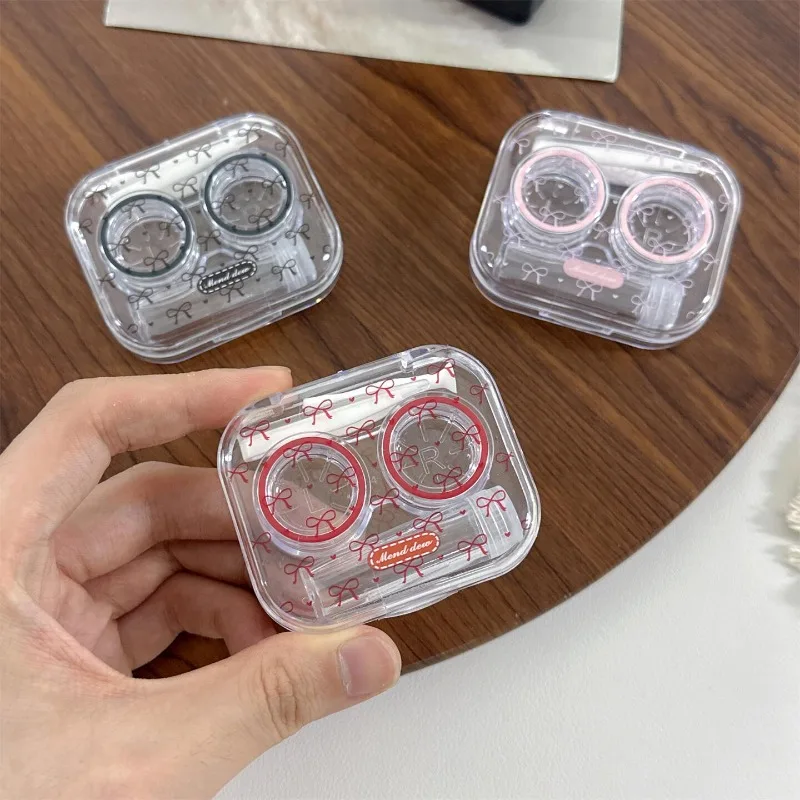 Minimalist Bow Print Clear Contact Lens Case Portable Transparent Lens Storage Box with Tweezers Solution Bottle