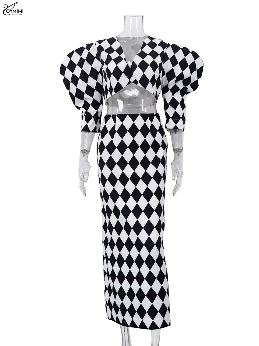Oymimi Elegant White Print 2 Piece Sets Women Outfit Fashion V-Neck Button Three Quarter Sleeve Crop Shirt + Straight Skirts Set image 5