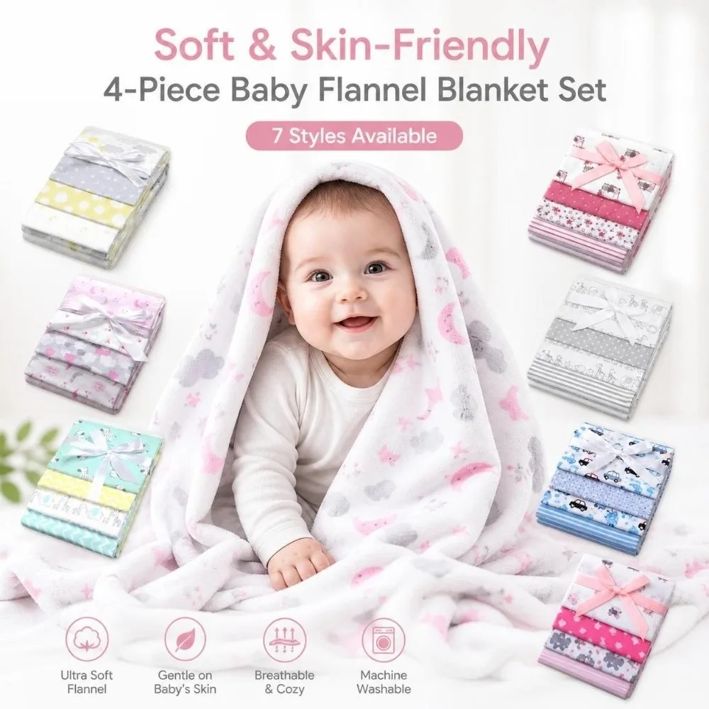 4Pcs Pack Flannel Receiving Blanket Super Soft Printed Newborn Swaddle Twill Weave 76x76cm Bedsheet Blanket