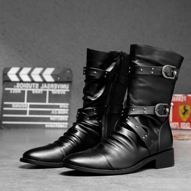 High Quality Men Perform Show Leather Boots Men Basic Locomotive Boots Black Punk Rock Shoes Men\'s Tall Boots Size 37-45 New2023