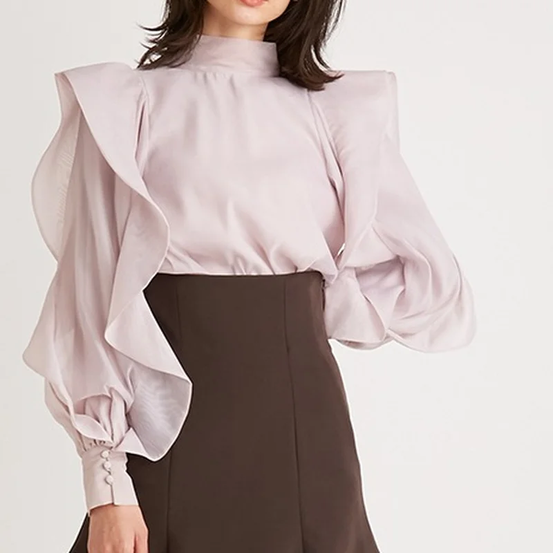 Komiyama Stand Collar Drawstring Bow Blouses Women Spring Ruffles Patchwork Long Sleeve Blusas Mujer Court Style Shirts Tops