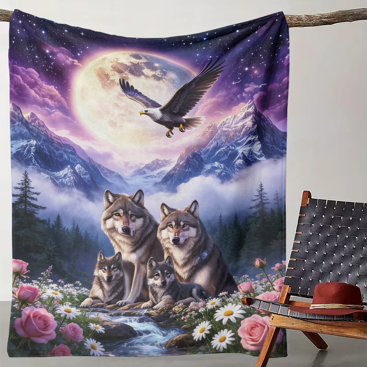 

1pcs Starry Sky and Moon Night Wolf Clan Family Blanket Snow Mountain Eagle Natural Wild Style Decorative Cover Blanket