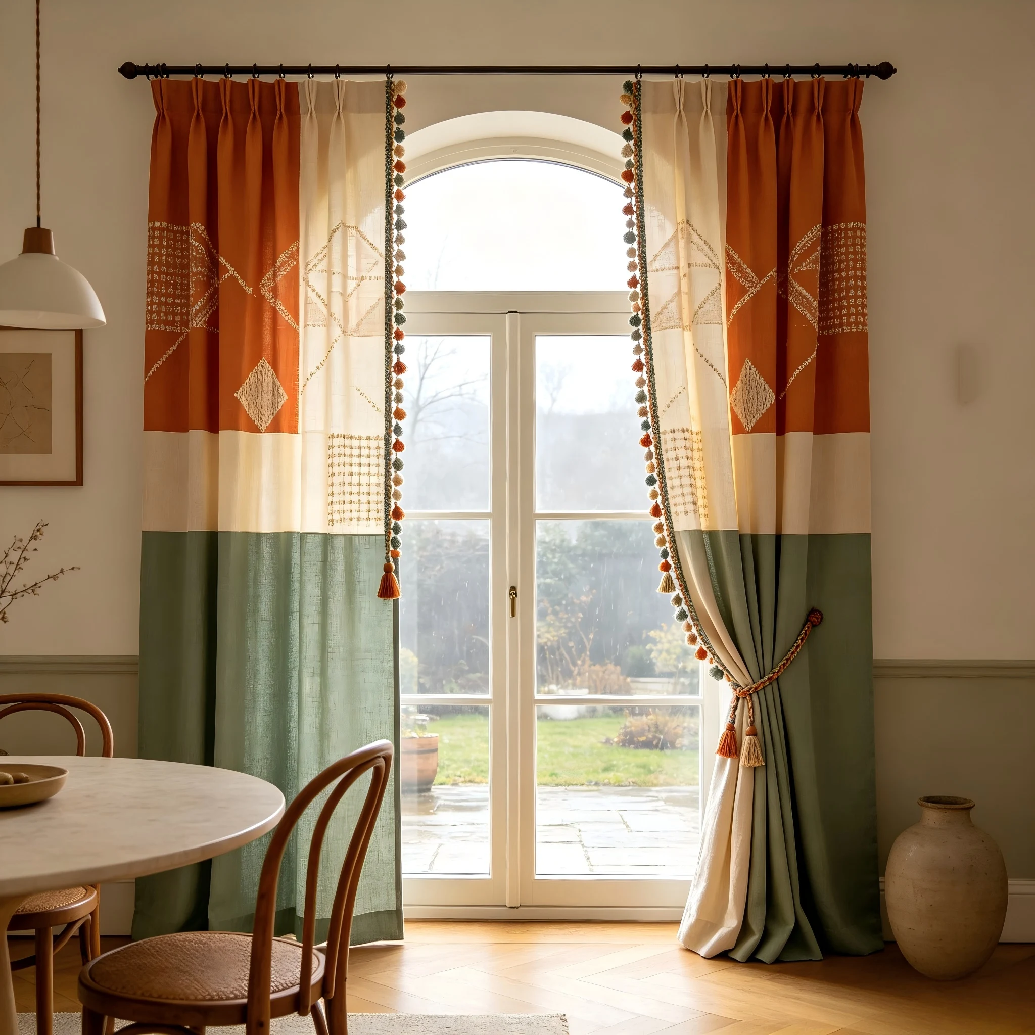 200279   Geometric block canvas+colorful woven fringe curtains