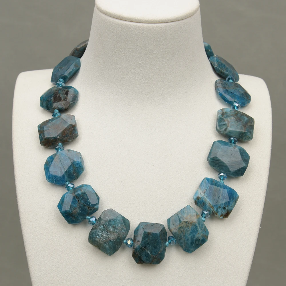 G-G 18'' Natural Blue Apatite Faceted Gems Stone Rectangle Chunky Slice Choker Necklace Jewelry For Women