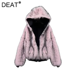 DEAT Women's Faux Fur Coat Pink Black Loose Thick Plush Warm Hooded Cargo Two Side Jackets 2024 Winter New Fashion 33A2199