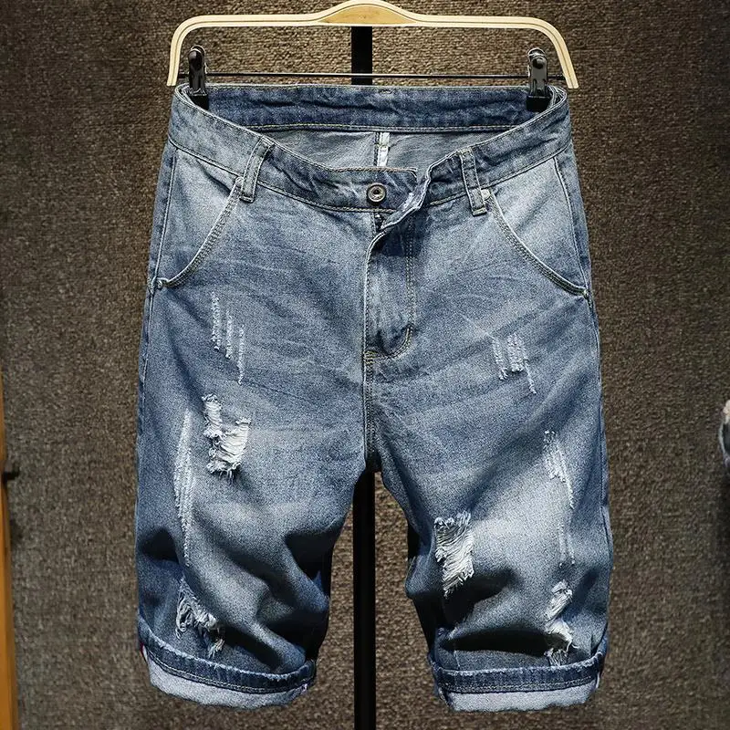 

Рваные джинсовые шорты, мужские летние тонкие брюки с пятью точками, модные брюки средней длины в корейском стиле, свободные прямые бриджи большого размера