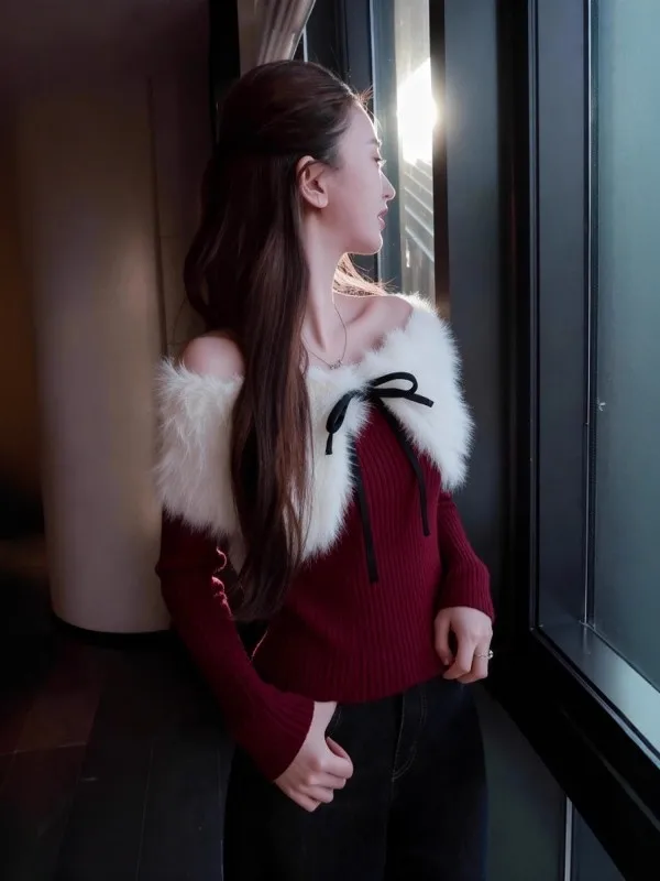 

Spicy Girl Autumn Winter Knitted Long Sve One-oulder Plu Patchwork Sweater Women's Slim Fit Base irt oulder Bared ...