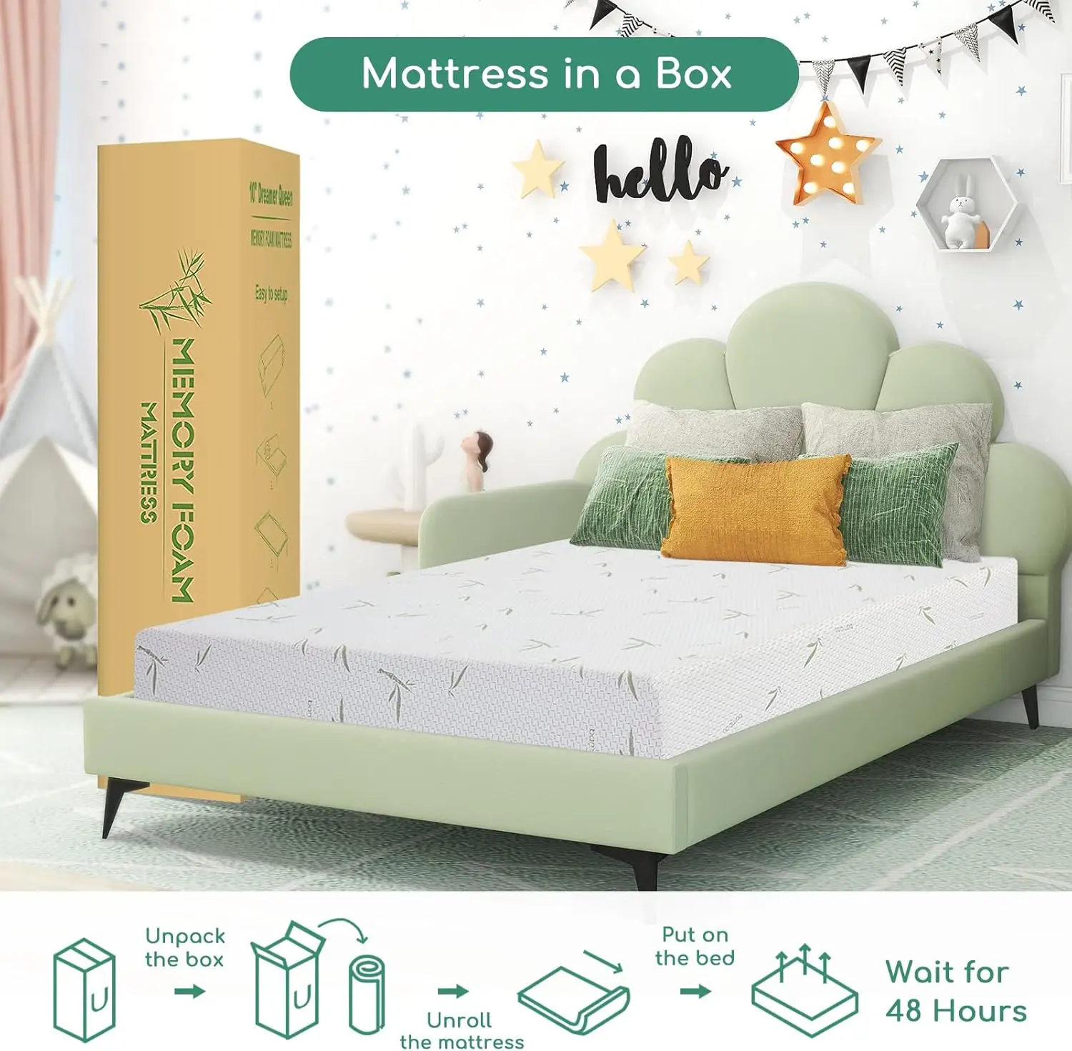 Full Mattress, 6 Inch Memory Foam Mattress in a Box for Kids with Breathable Bamboo Cover, Medium Firm Green, Trundle Bed, Certi