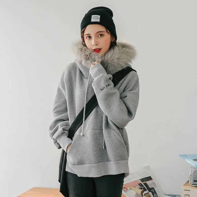 ZOUXO Hoodies Women 2022 Autumn Winter Fur Collar Thick Hoodies New Fashion Simple Grey Hooded Clothes