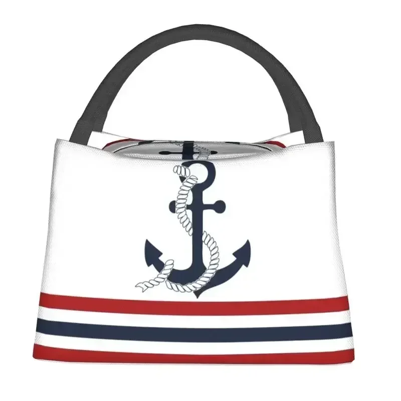 Nautical Blue Anchors With Stripes Insulated Lunch Bag for Work Office Sailing Sailor Portable Thermal Cooler Lunch Box Women