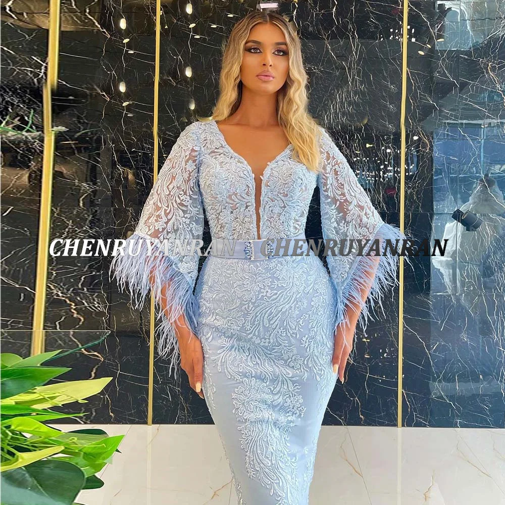 Light Blue Formal Party Dresses 2022 V-Neck Feather Sexy Prom Gown Women Knee Length 3/4 Sleeves Mermaid Evening Dress With Belt