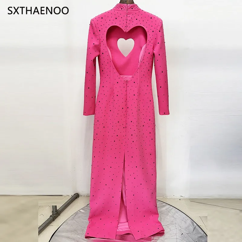 SXTHAENOO Heavy Industries Diamond Velvet vloerlengte jurk dames lange mouw elegante formele beroemdheid avondfeestjurken