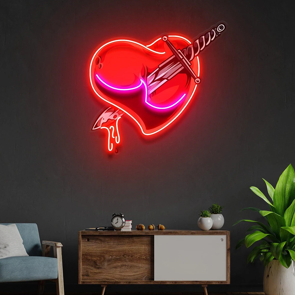 Heart Sword Neon Light Sign Acrylic Artwork for Living Room Bedroom Wall Hanging LED Lights Personalized Home Bar Decor Signs