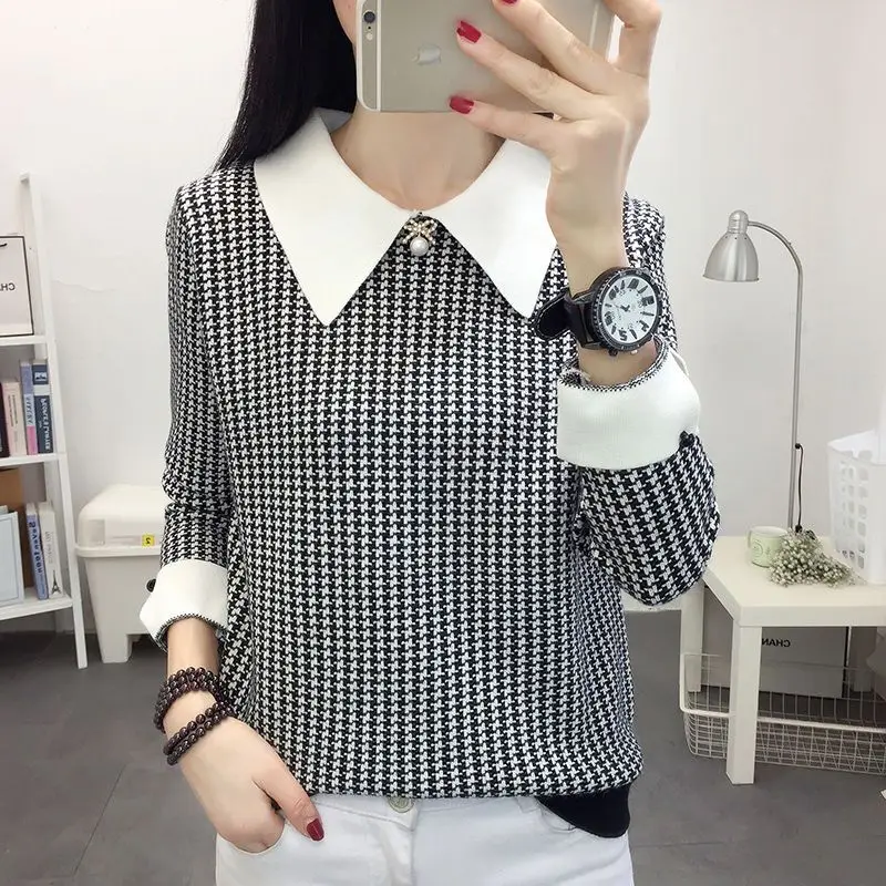 Dameskleding Mode Houndstooth Gebreide Truien Koreaanse Turn-Down Kraag Herfst Winter Basic Casual Gesplitste Losse Truien