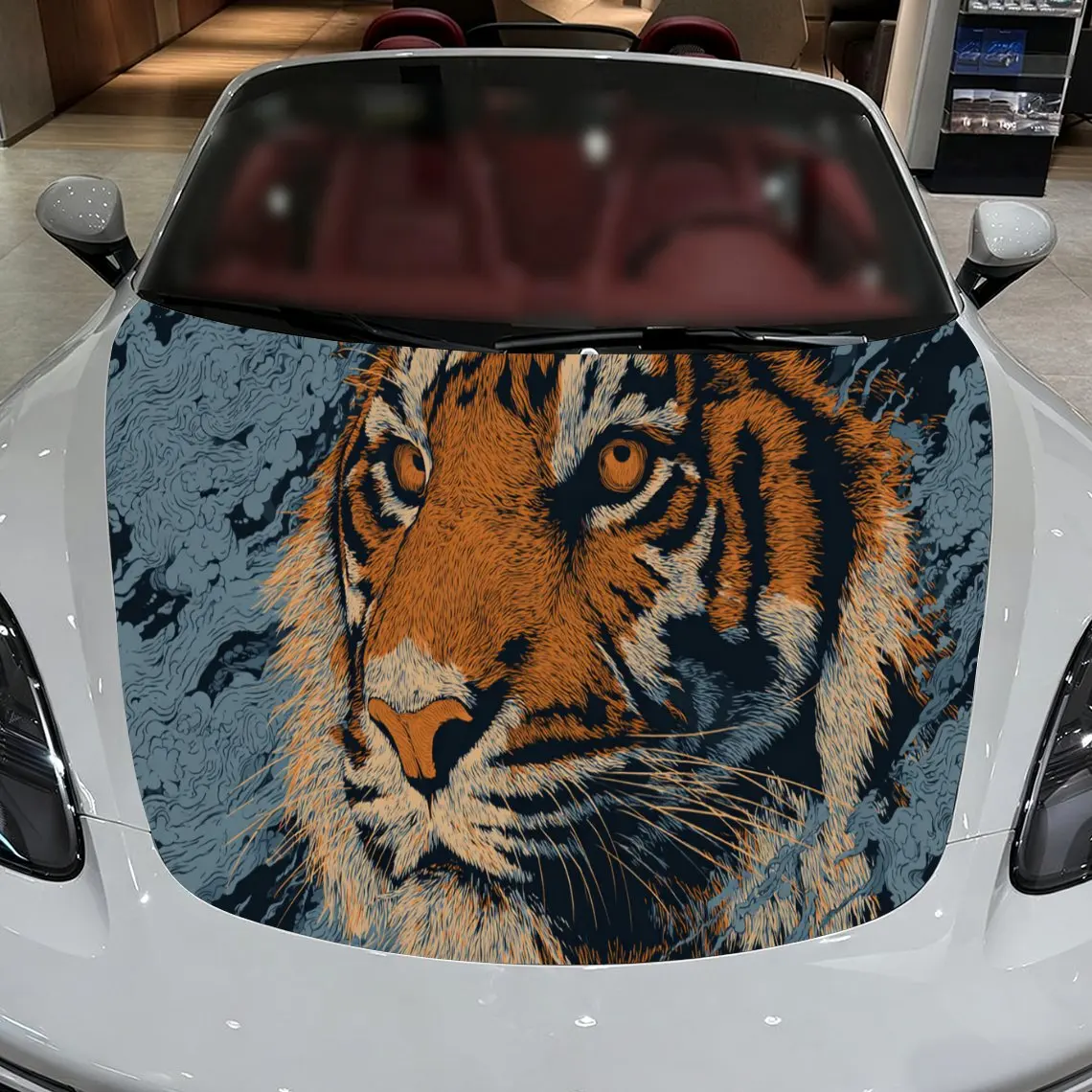 Car Decals A Tiger Design in a Textured, Artistic-Patterned Background with Artistic, Expressive Visual Details Car Hood Sticker