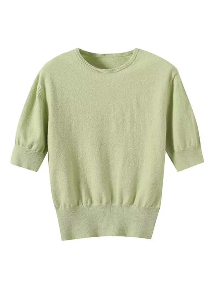 

European style new women's fashion versatile temperament solid color mid-sleeve round neck sweater