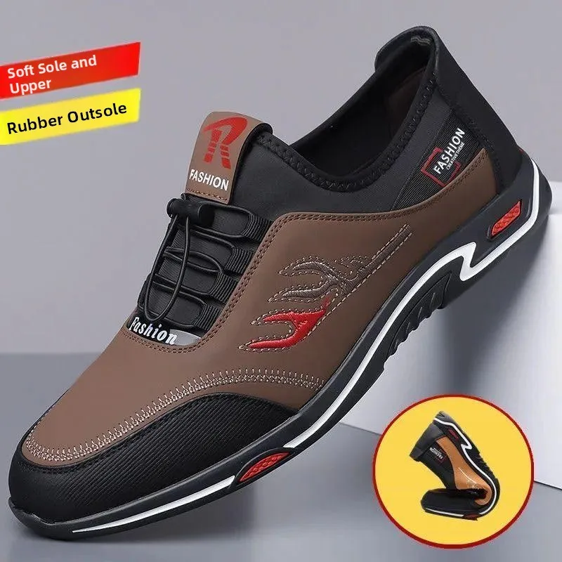 Fall 2026 Men's Soft Bottom Anti-Slip Casual Leather Shoes Fashionable All-Match Slip-On Driving Dad Shoes Comfortable Driving