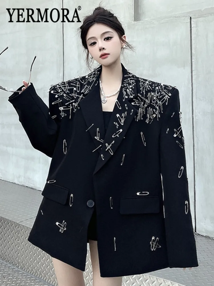 

YERMORA Black Metal Pin Big Size Design Blazer For Women Lapel Long Sleeve Loose New Jacket Fashion Tide Spring Autumn 2025