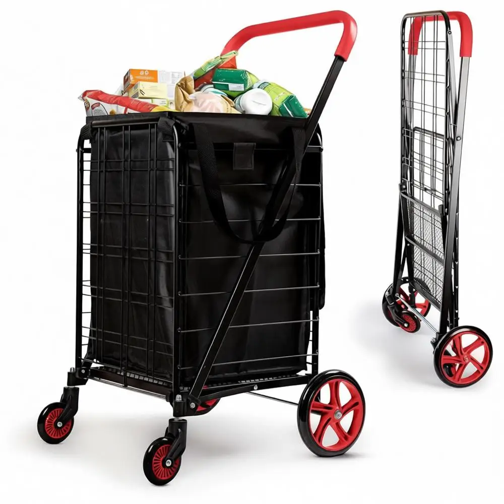 

Compact Shopping Cart, Removable Waterproof Liner, 360° Swivel Wheels, Rust-Proof Steel, 70lb Capacity, Portable Grocery, Laundr