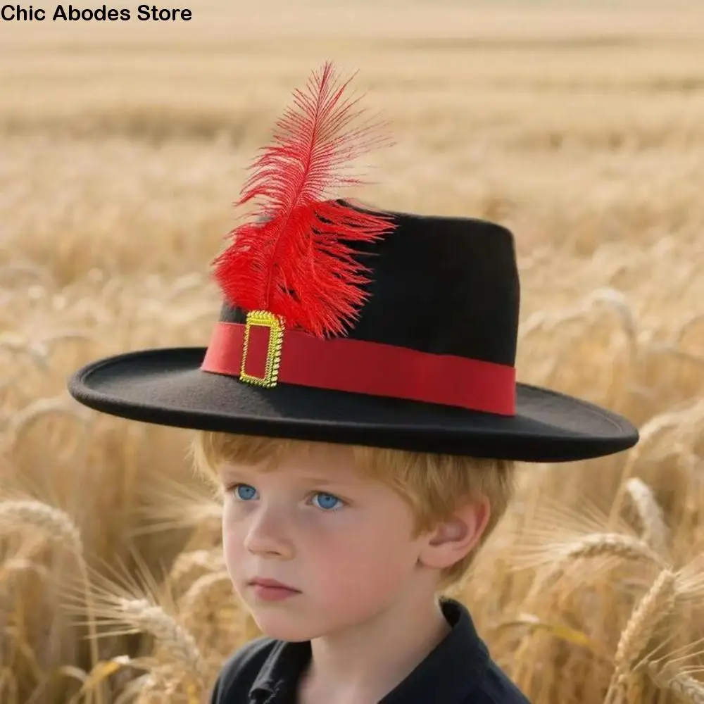Sombrero de disfraz de mosquetero negro Vintage, sombrero de mago con plumas, sombrero de disfraz de vacaciones, sombreros de copa puesta en escena, sombrero de Cosplay para niños