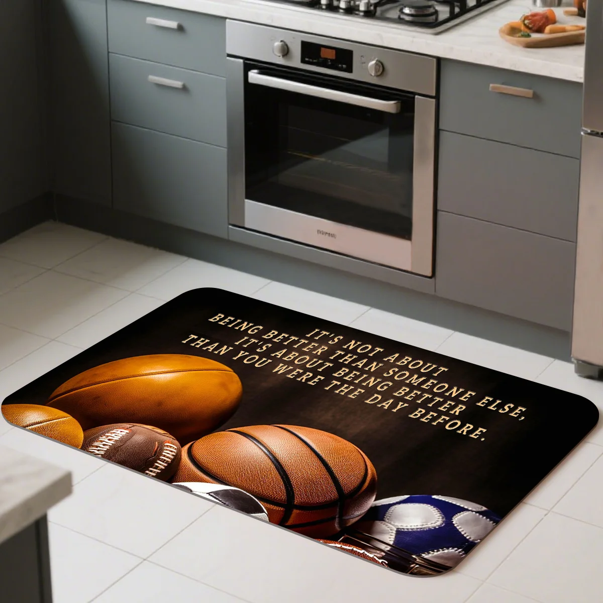 Motivational Sports Ball Doormat, Basketball Football Floor Rug, Non-Slip Welcome Mat for Gym Entryway Boys Room Home Decor
