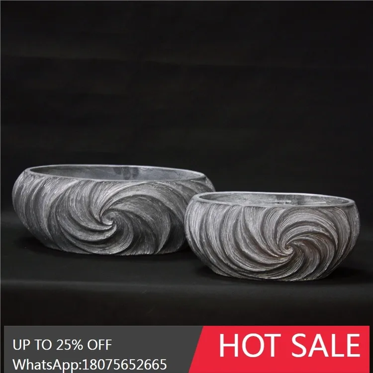 

HLZ Nordic Style Stone Pattern Low Flat Round Cement Flower Pot Set Indoor Garden Outdoor Landscape Floral Arrangement