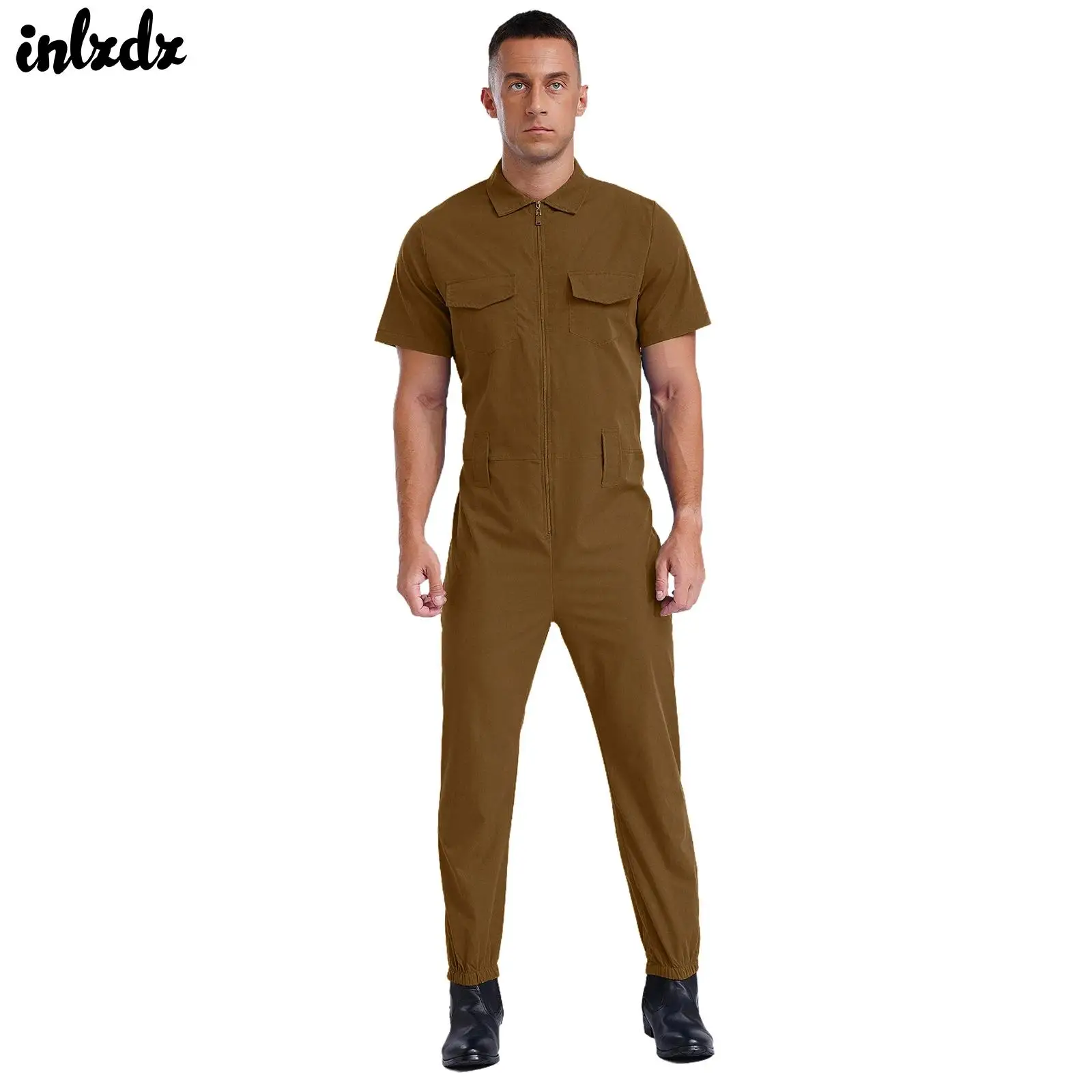 

Mens Casual Coveralls Short Sleeve Front Zip Long Pants Jumpsuit Solid Color Overalls One-piece Rompers Factory Workshop Wear