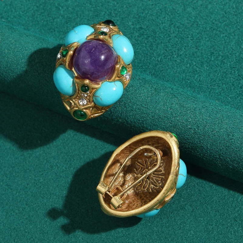 

Vintage Natural Stone Stud Earring For Women Purple Crystal Turquoise Green Designer Jewelry Elegant Luxury Valentine Day Gift