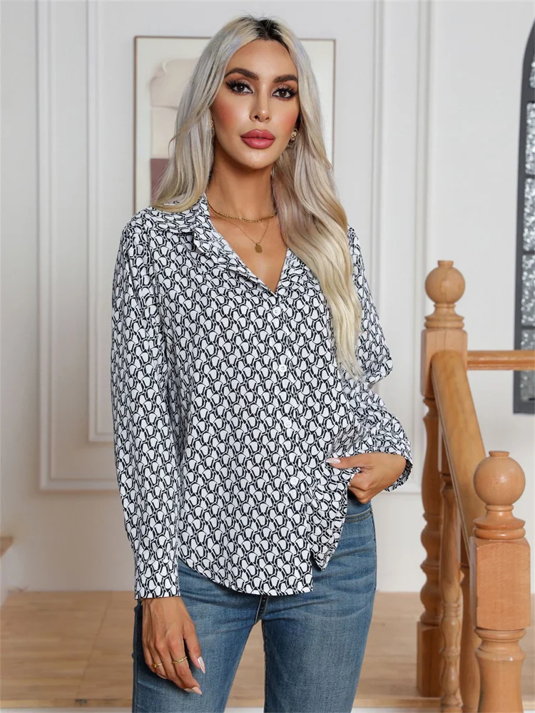 Women Spring Summer Style Blouses Shirts Lady Casual Loose Turn-down Collar Long Sleeve Printed Blouse Tops DF5010