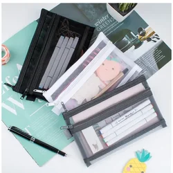 1pc Portable Double-layer Mesh Zipper Peicl Bag Case File Bag Transparent Students Nets Stationery Pouch Back To School