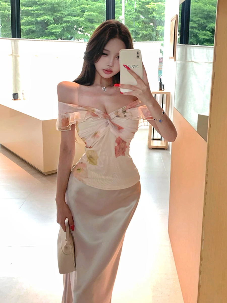 REDDACHiC Vrouwen Bloemen Top Satijnen Rok Set Off Schouder V-hals Top Fishtail Gedrapeerde Glanzende Maxi Lange Rok Elegante Formele Kleding