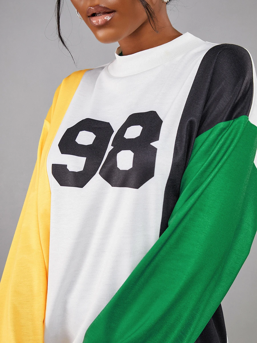 LW Autumn NEW Sweatshirt Dropped Shoulder Letter Print Patchwork Sweatshirt Casual Long Sleeve Sweatshirt Women's Clothing