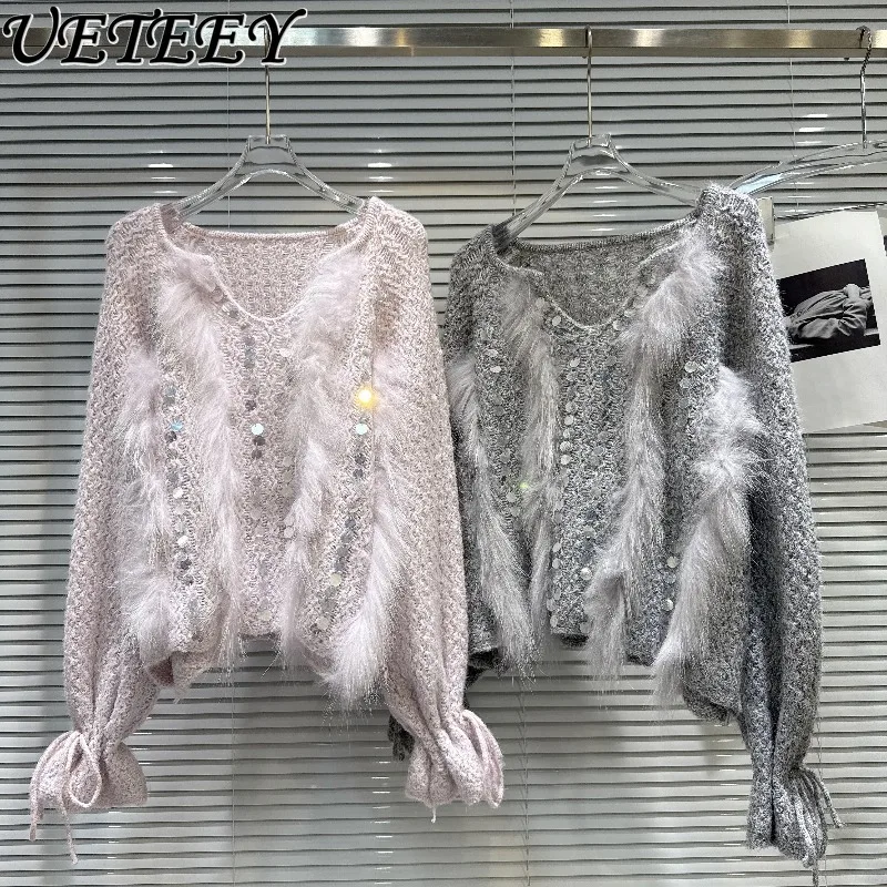 

Осень-зима, новый элегантный светский пуловер с потертыми краями и бисером, элегантный универсальный вязаный свитер с длинными рукавами для женщин