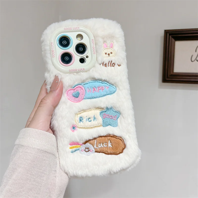 Cartoons Graffiti Rabbit Phone Case For iPhone 16 Pro 15 Plus 11 12 13 14 Pro Max Fluffy Shockproof Cover Kawaii Protection Case