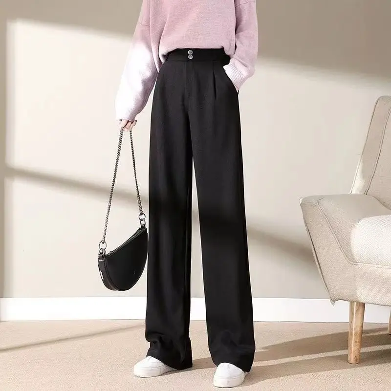 Autumn Winter Female Straight Loose Solid Color Wide Leg Pants Simplicity Fashion High Waist Button Trousers Women's Clothing