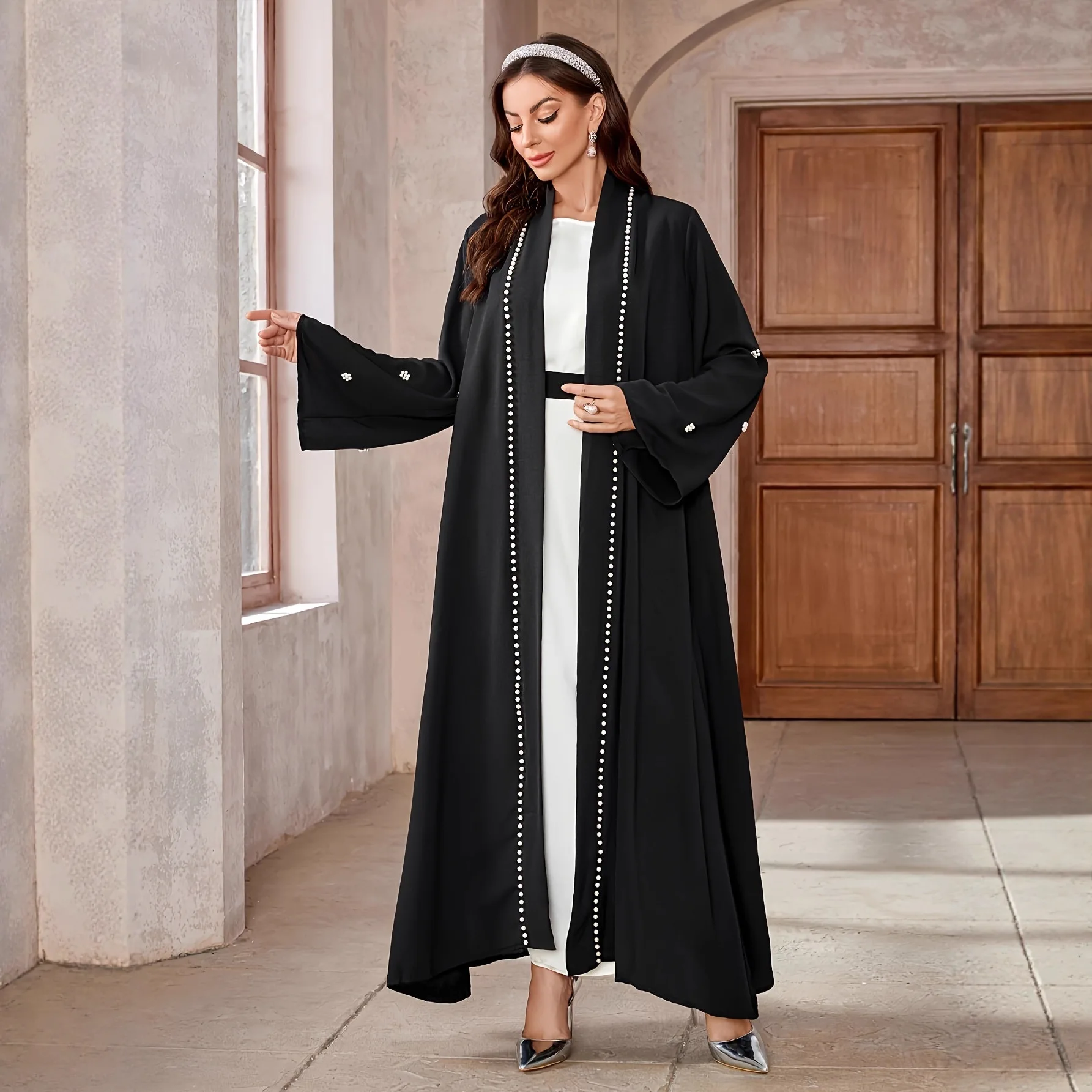 

Eid Women Abaya Pearls Cardigan Open Dress Muslim Jalabiya Ramadan Vestidos Largos Party Caftan Arab Long Robe Morocco Kaftan