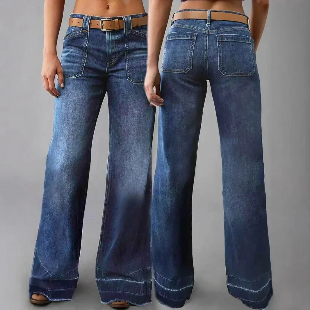 

Jeans Women Denim Flare Pants Stretch High Waist Pockets Washed Distressed Floor Length Streetwear 2025 Boot Cut Trousers
