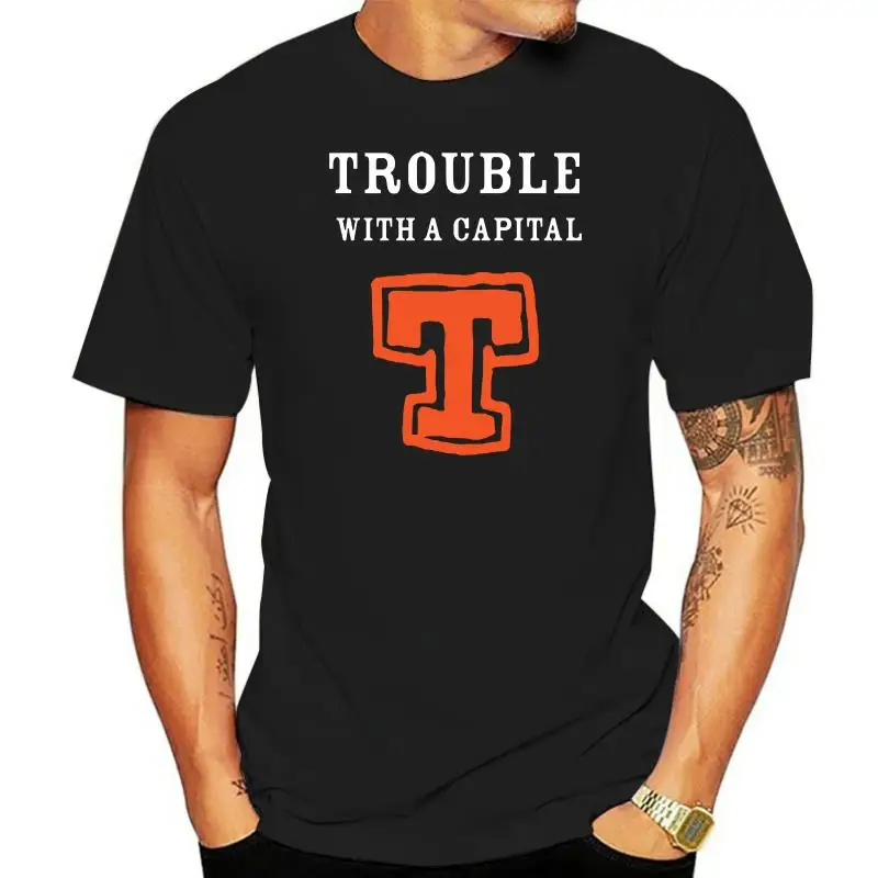 Mens Black T-Shirt. Typographic design. T-Shirt Gift. TROUBLE with a Capital T. Orange colour design men t shirt