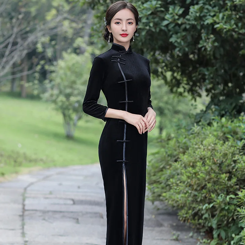 Wine Red Chinese Traditional Cheongsam Autumn Winter Velvet Dress Handmade Button Vintage Women Long Dresses Sexy Qipao