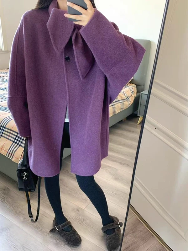 

Корейское шерстяное пальто фиолетового цвета для женщин, осенне-зимнее, новое, свободного кроя, класса люкс, модное, средней длины, на пуговицах