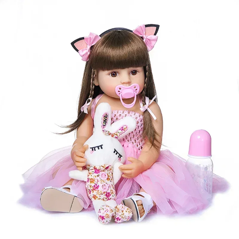 Muñecas con orejas de conejo de 55Cm, niño Reborn, muñeca hermosa de silicona suave rosa para bebé, muñecos de nieve de tacto Real para niñas, regalos, Kit de muñecas Reborn