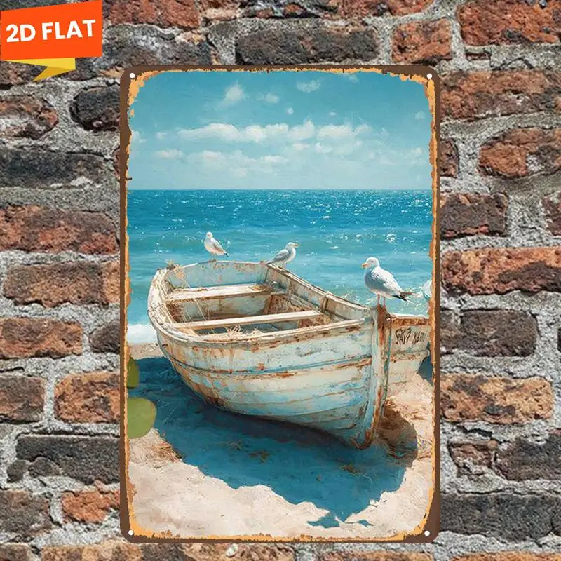 2D Flat 1pc, A Weathered Boat Rests on The Shore with Seagulls Perched Aboard, Metal Lron Sign, Size(8