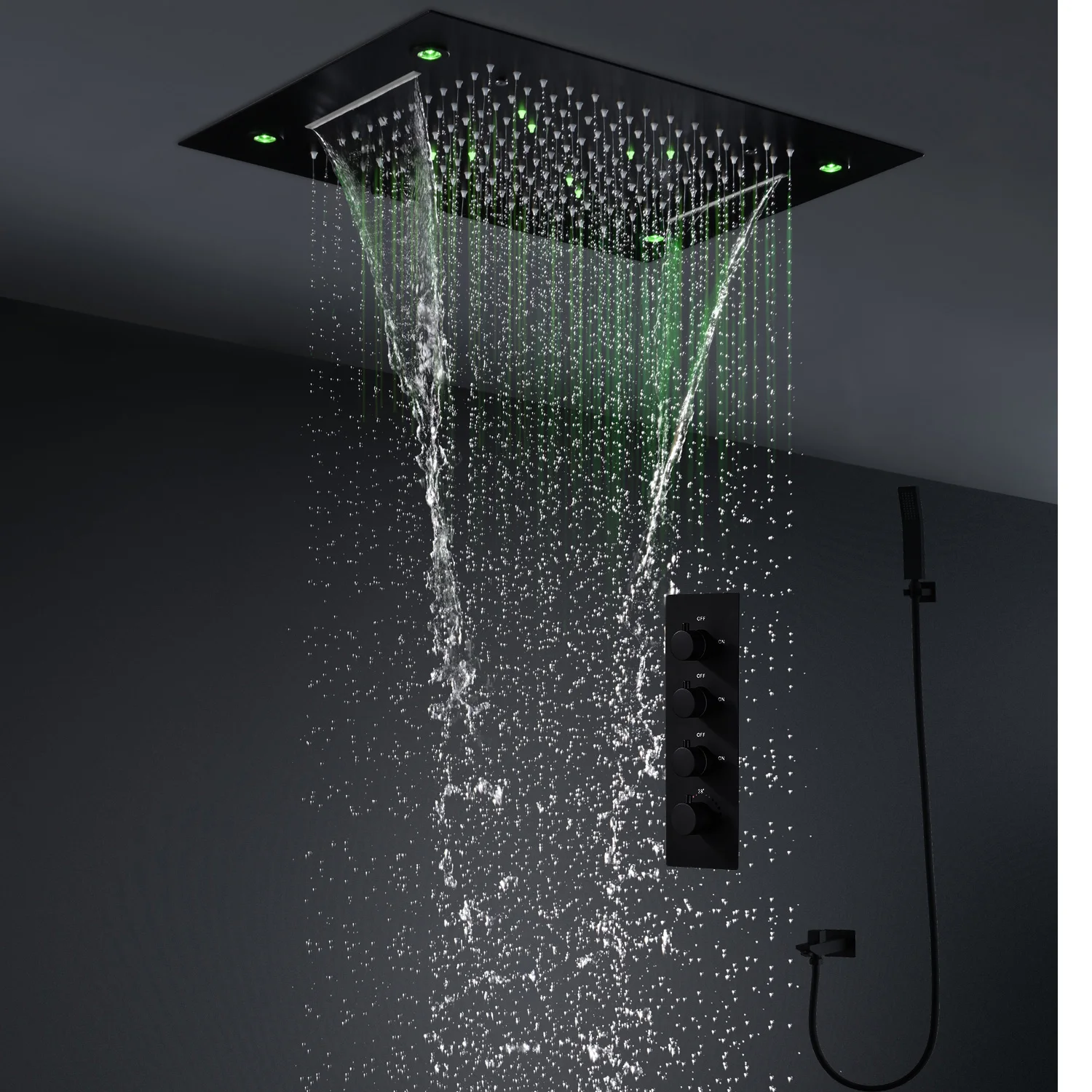 

hm High Quality Ceiling Black LED Shower Set Bathroom Waterfall Rain Shower Head Panel Thermostatic Mixer Diverter Faucet System