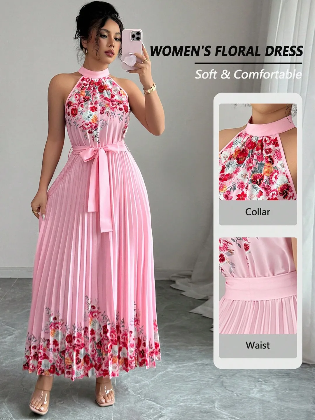 

Summer Dress Woman Elegant Party Sleeveless Wrap Neck Dresses Floral Print Pleated Elastic Waist Maxi Dress Pink Halter Neck