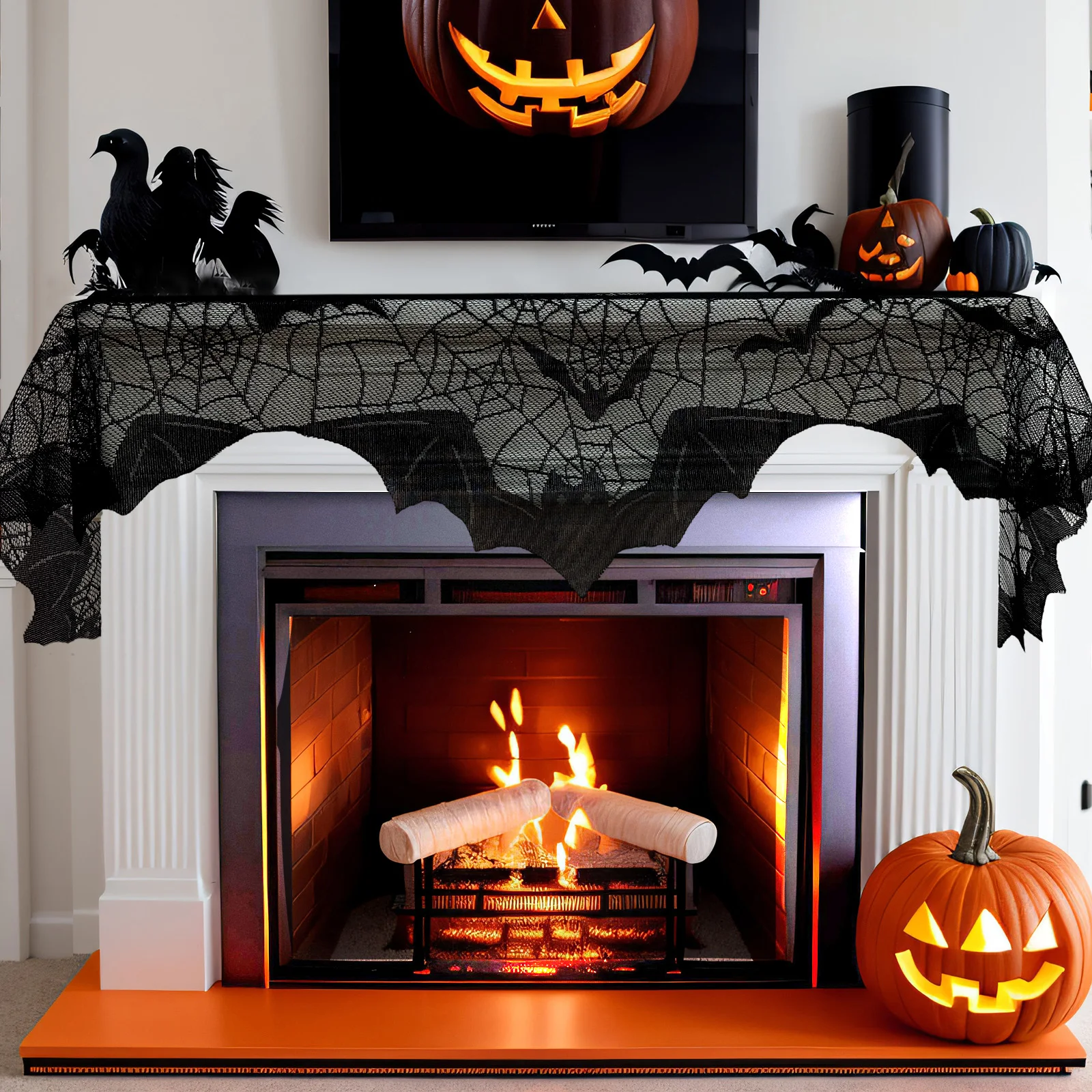 Ourwarm Halloween Decorative Bats Curtains Lace Spider Web Holiday Stove Towel Lampshade Fireplace Halloween Party Decoration