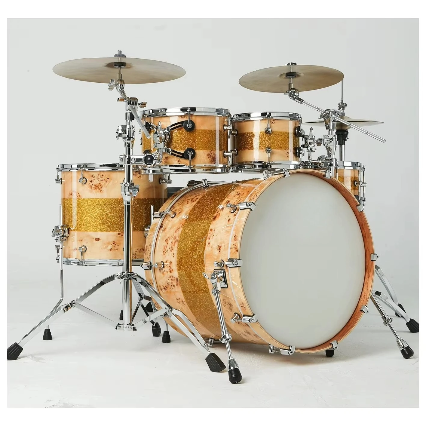 High Ended Burl Mappa and Mahogany Acoustic Drum Set for Stage